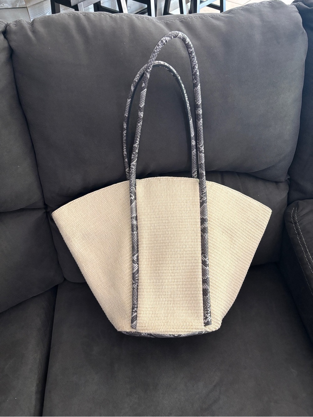Neutral Straw Tote with Patterned Handles